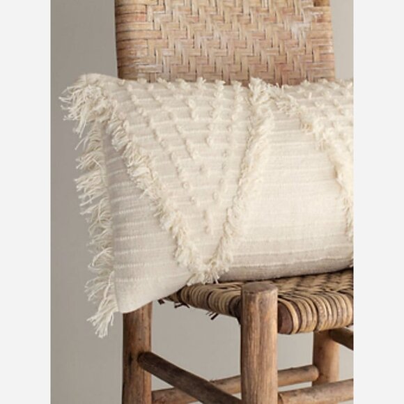 Lumbar Hand Woven Pillow – Cream Cotton with Fringe & Diamond Motifs, 22x14 - Picture 4 of 7